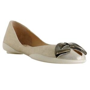 Modern Vintage Women Peeptoe Ballet Flat Bow Classic Sz 36.5 (6.5) Gold Metallic